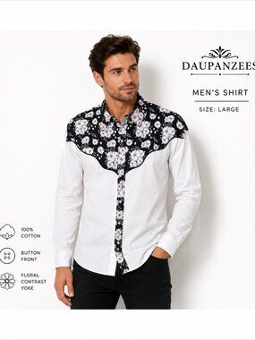 NWT Daupanzees Men's Large Floral Contrast Button Front Shirt White Black Cherry